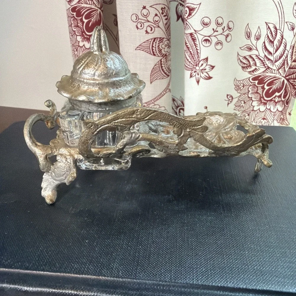 Antique Ornate Glass Inkwell Cast Metal Scroll Stand Victorian Art Nouveau